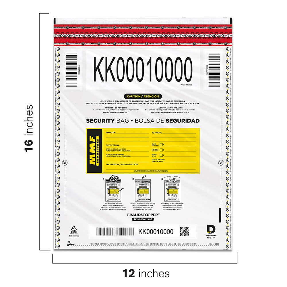 MMF Industries Opaque Cash Deposit Bag Displaying Dimensions 
