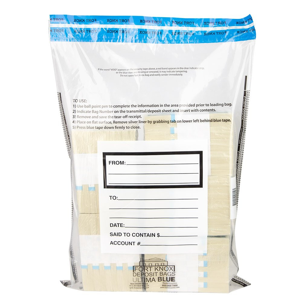 15W x 20H Ultima Blue® Clear Deposit Bag with External Pocket Shown With Money Inside