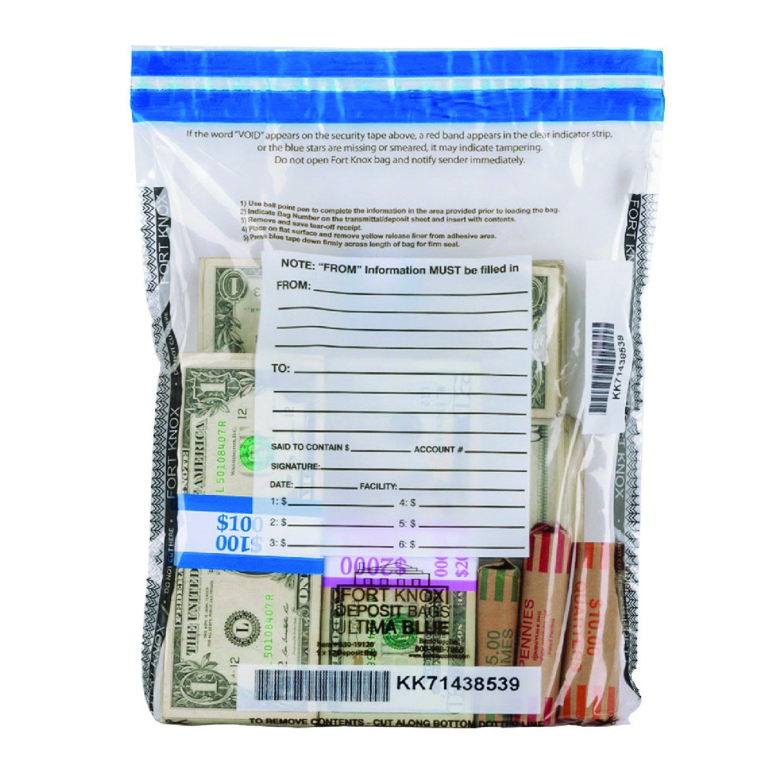 9W x 12H  Ultima Blue® Clear Deposit Bags - shown in use sealed with money in deposit bag - The cash or coin shown is for illustration purposes only
