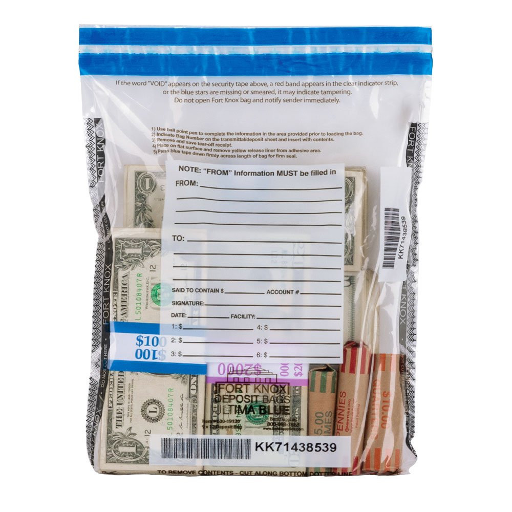 9W x 12H  Ultima Blue® Clear Deposit Bags - shown in use sealed with money in deposit bag - The cash or coin shown is for illustration purposes only