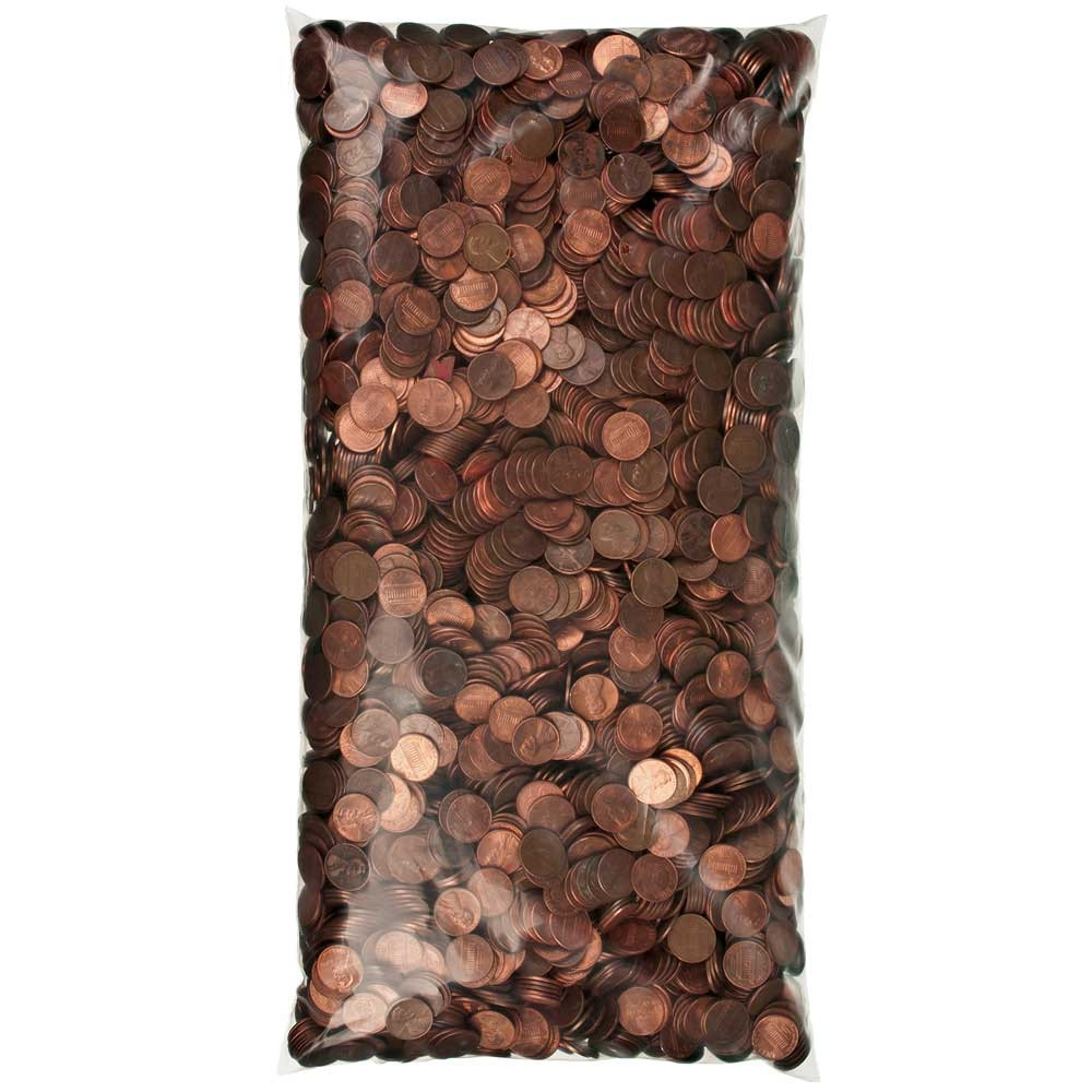 Tamper Evident Self Sealing Coin Bags - 9W x 17H - Case of 500, shown full with pennies 