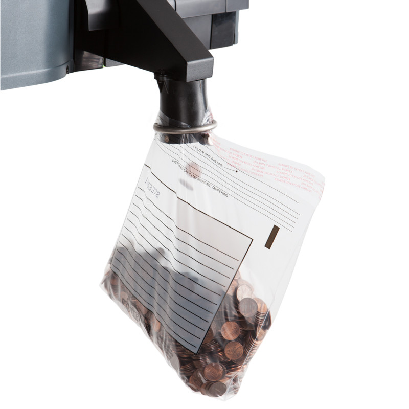 Tamper Evident Easy Pour Coin Bags shown in use with coin machine pouring into bag 