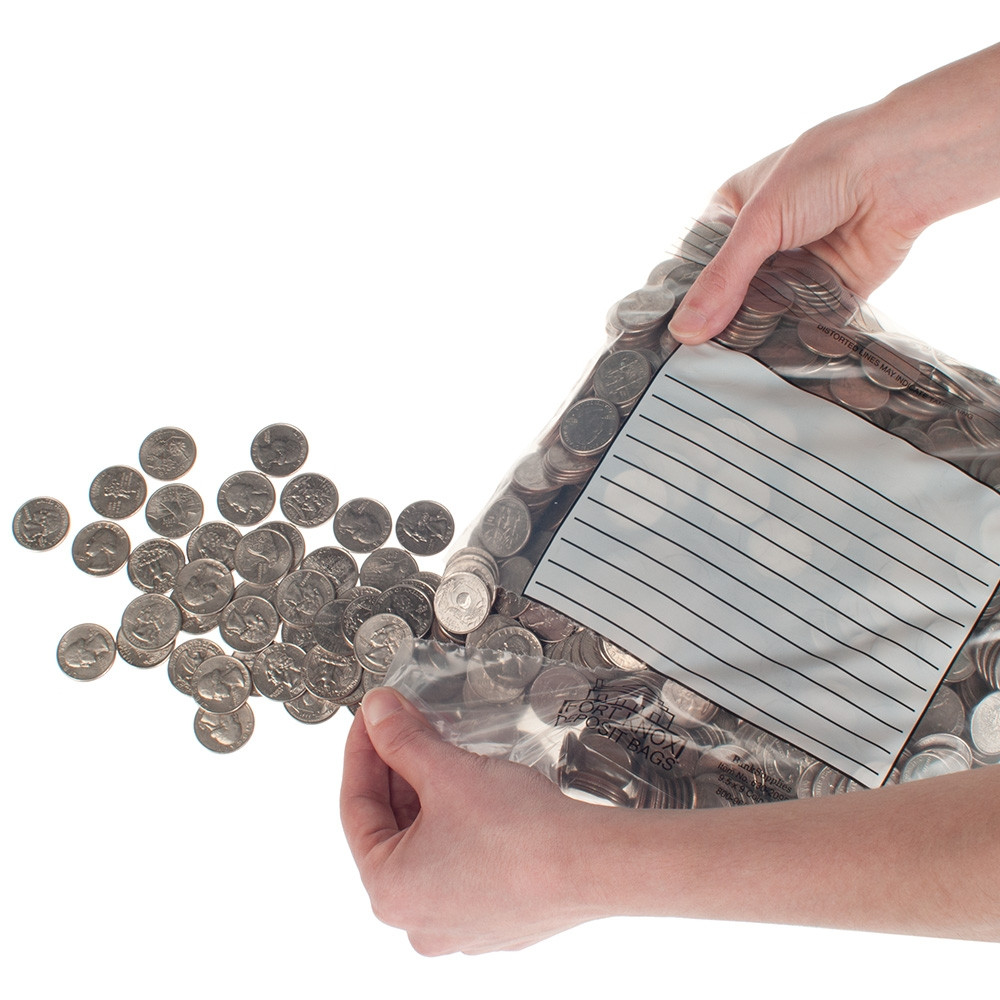Tamper Evident Easy Pour Coin Bags  shown in use with person dumping out quarters 