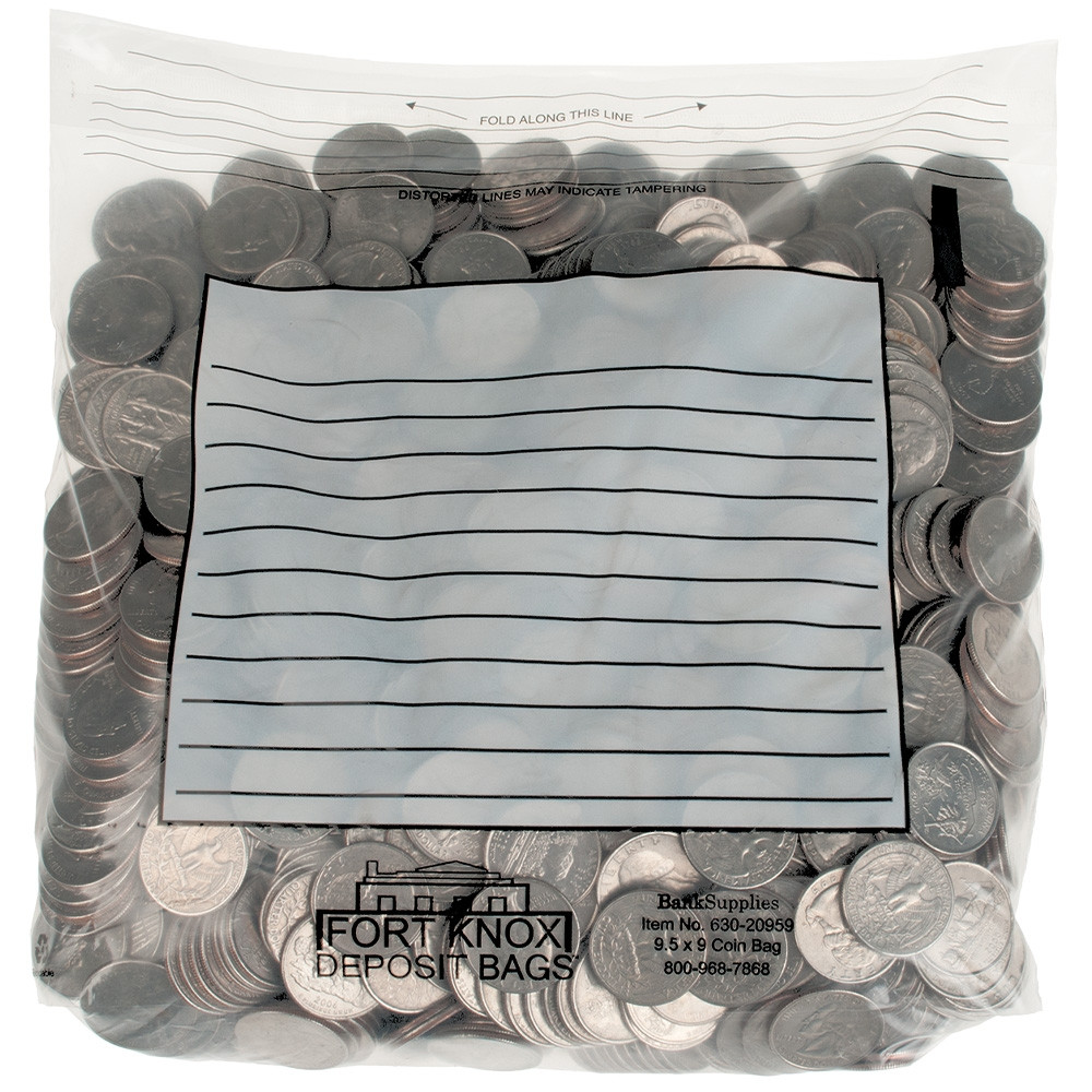 Tamper Evident Easy Pour Coin Bags - 9-1/2W x 9H x 2D - shown full with quarters 
