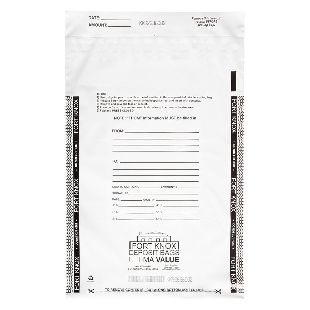 Ultima Value® White Captive Flap Deposit Bags - 9W x 12H - Front