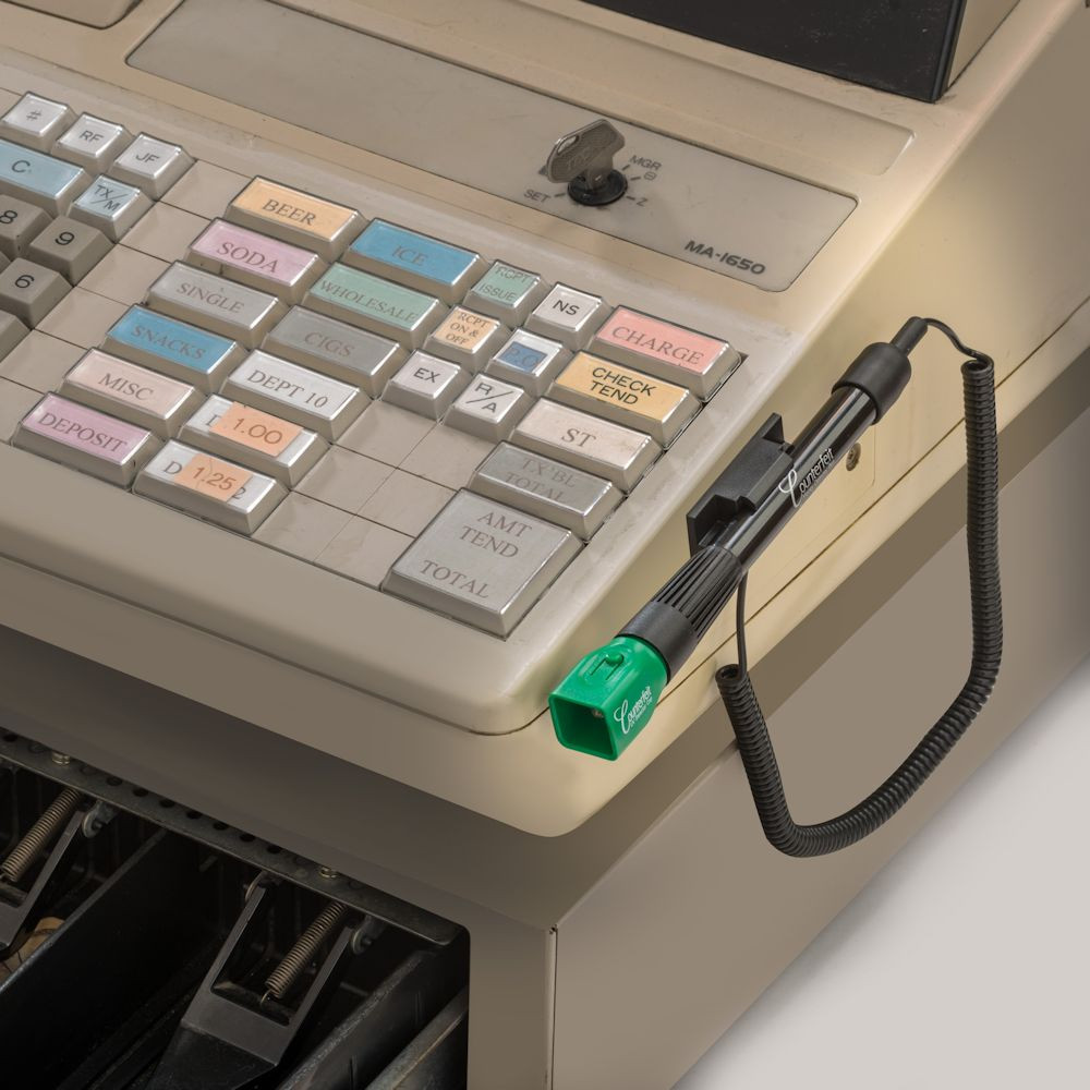 Tethered Dual Test Counterfeit Detection Pen with UV Light on cash register