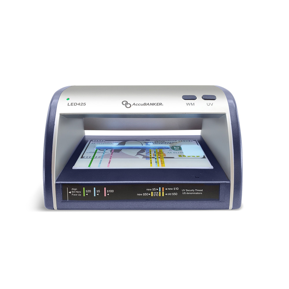 AccuBANKER® LED42AccuBANKER® LED425 Counterfeit Bill/Document Validator w/ Guide with LED lights on to show visibility side angle view5 Counterfeit Bill/Document Validator w/ Guide