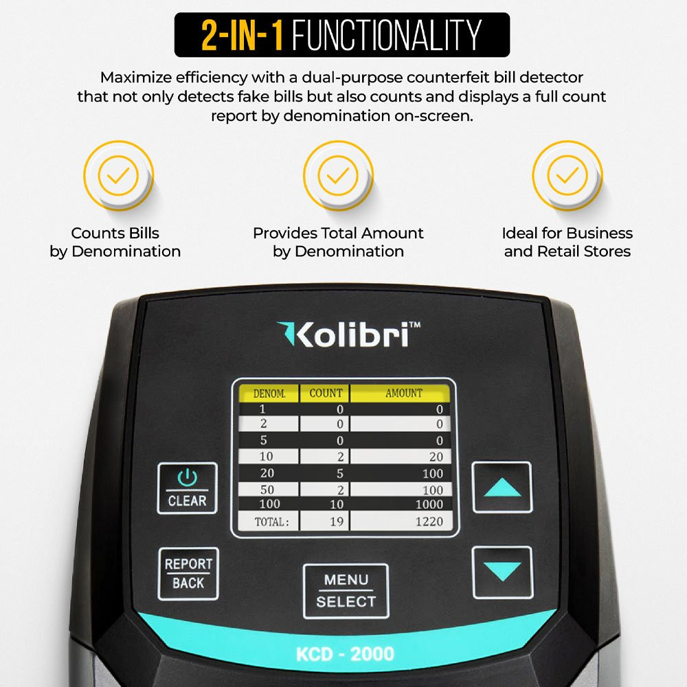 2in 1 funtionality; maximize effciency with dual-purpose counterfeit bill detector that not only detects fake bills but also counts and displays a full count report by denomination on screen 