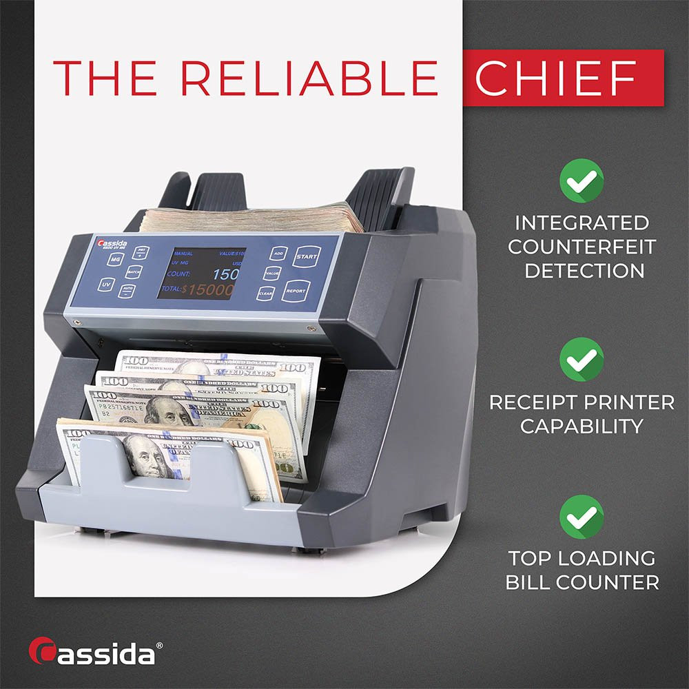 Cassida 6600 Single Pocket Business-Grade Money Counter shown in use counting money; high counting speed: 1,400 bills/min with advance UV, MG, and IR counterfeit detection