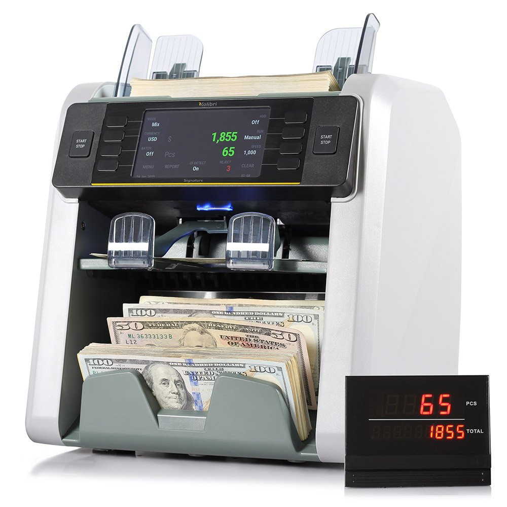 Cassida Kolibri KBR-Signature V2 two pocket currency discriminator mixed denomination money counter shown counting money 