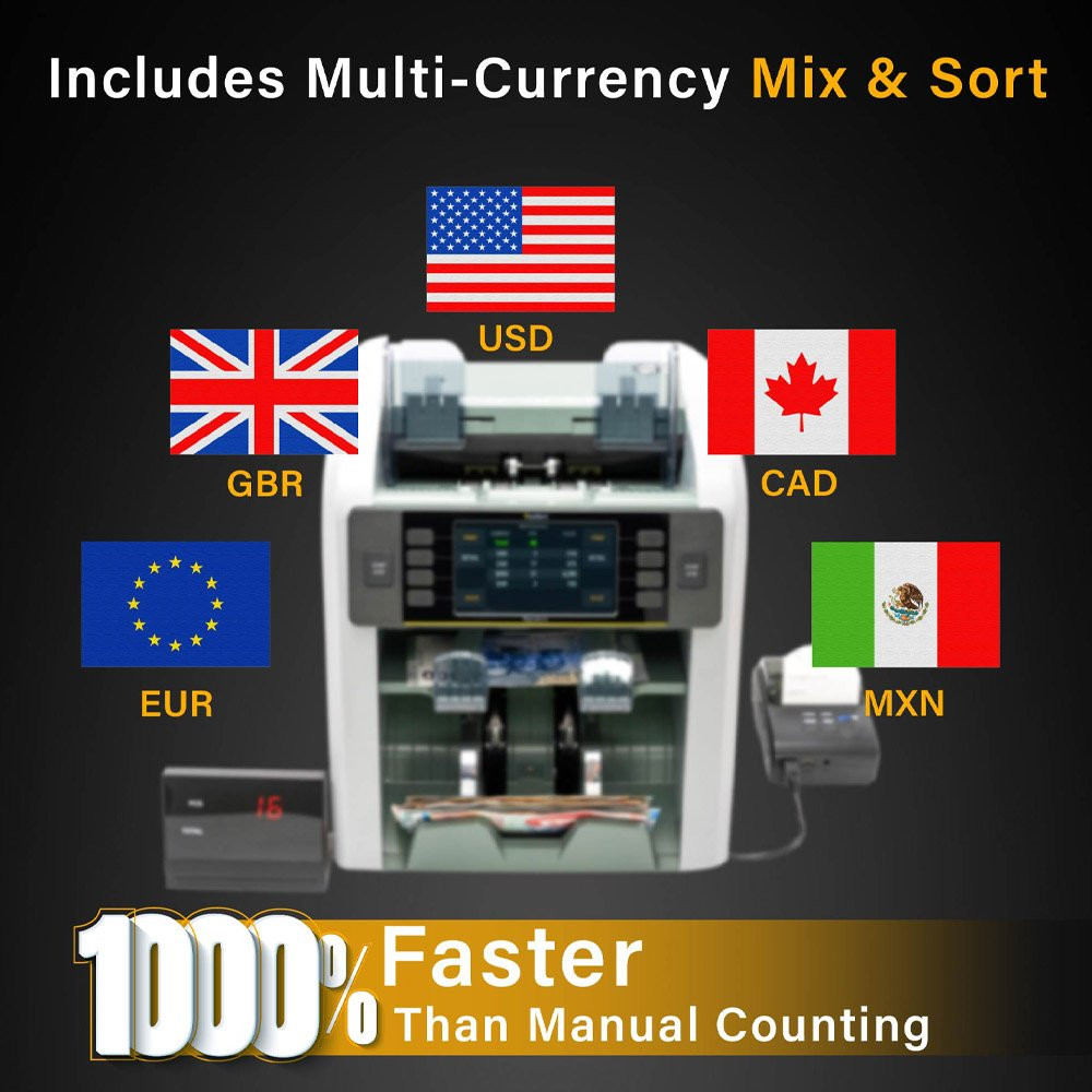 infographic image: Includes multi-currency mix & sort; EUR, GBR, USD, CAD, MXN; 1000% Faster than manual counting
