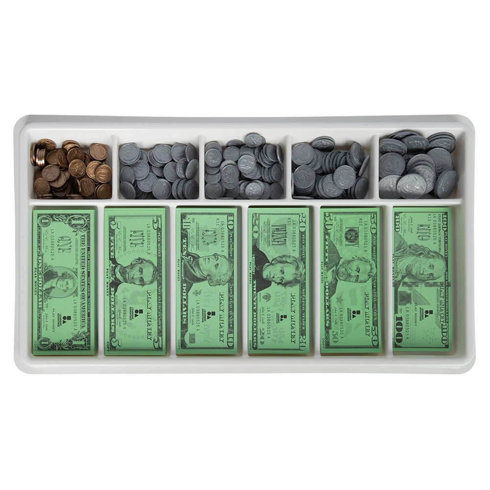 Play Money Kit - Realistic Coin and Bills - Tray of money Birds eye view
