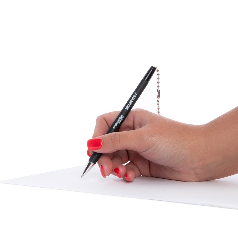 Person writing with MMF Industries Secure-A-Pen Anti-Microbial Counter Pen w/ 24 inch Ball Chain - Black Ink 