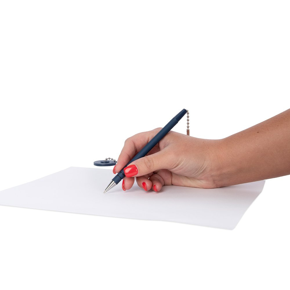 MMF Industries Secure-A-Pen Anti-Microbial Counter Pen w/ 24 inch Ball Chain - Blue Ink - shown in use person writing 