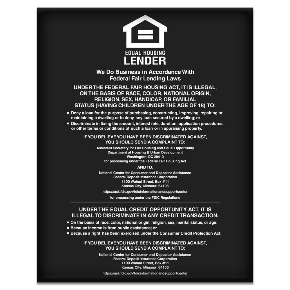Matte Black Equal Housing Lender Wall Sign (FDIC) 11W x 14H