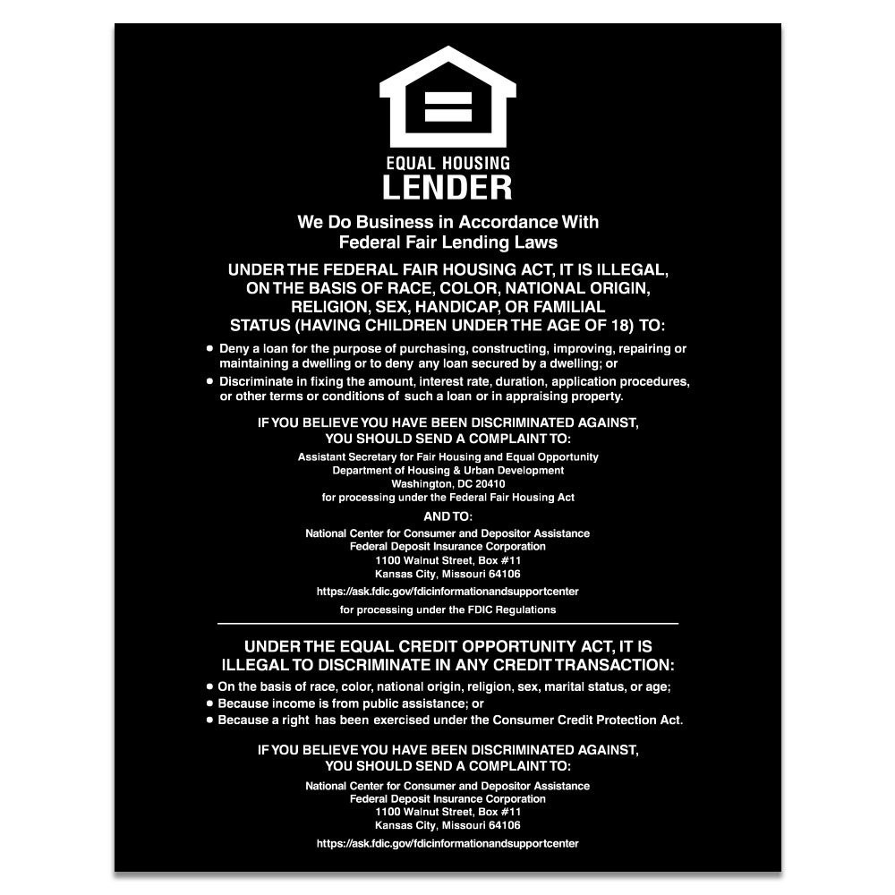 Gloss Black Equal Housing Lender Wall Sign (FDIC) 11W x 14H