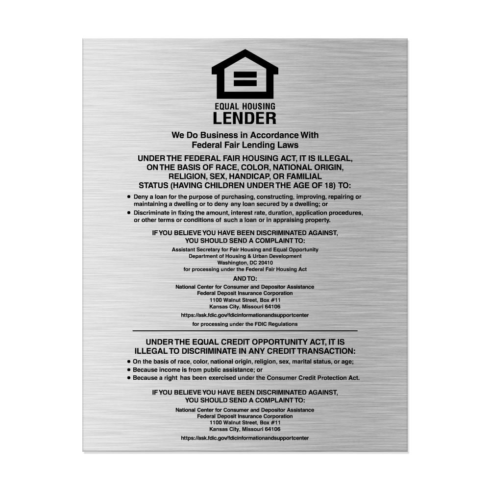 Silver Equal Housing Lender Wall Sign (FDIC) 11W x 14H