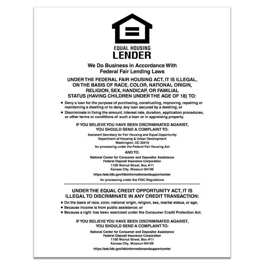 White Equal Housing Lender Wall Sign (FDIC) 11W x 14H