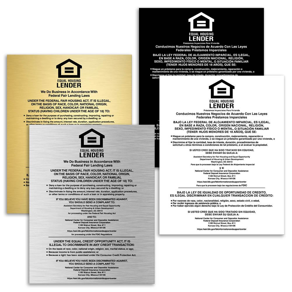 Main image - Equal Housing Lender Wall Sign (FDIC) 11W x 14H  - Shown in gold with black text, black with white text, silver with black text, and white with black text