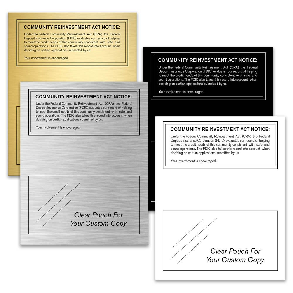 main image - Community Reinvestment Act (FDIC) 11W x 14H - All color options shown - gold with black text, black with white text, silver with black text, and white with black text
