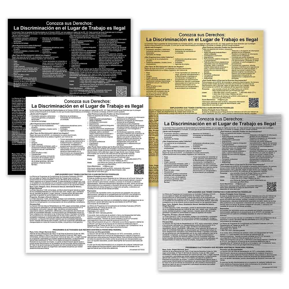 Main image - Equal Employment Opportunity (Spanish) 11W x 14H - -	All color options shown - gold with black text, black with white text, silver with black text, and white with black text