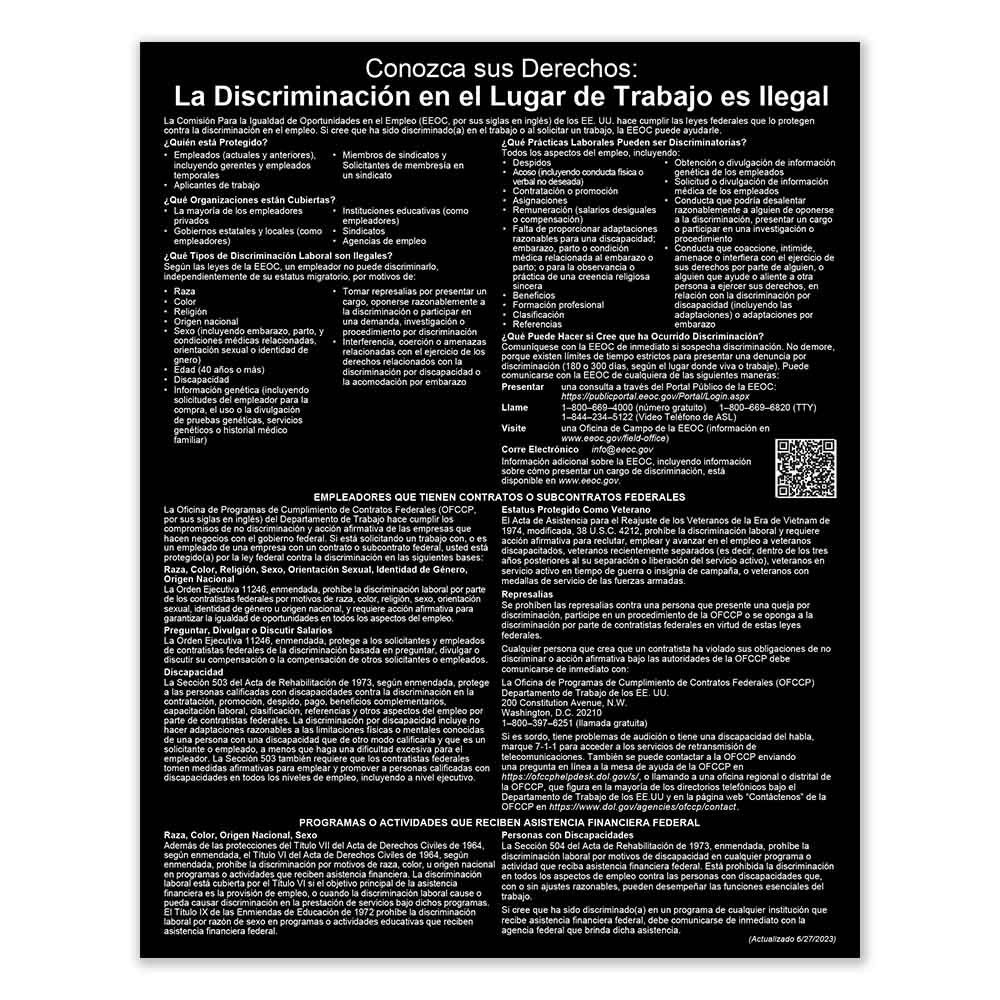 Equal Employment Opportunity (Spanish) 11W x 14H; Matte Black with White text