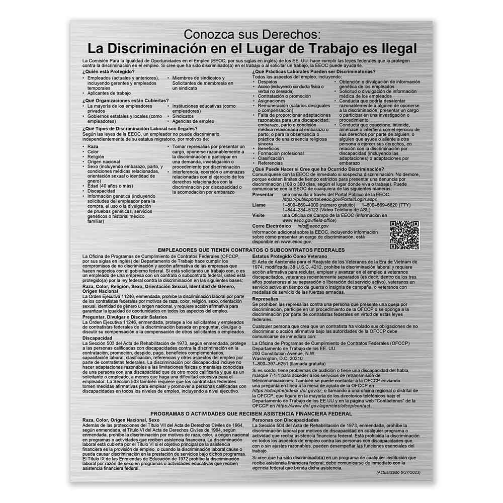Equal Employment Opportunity (Spanish) 11W x 14H; Silver with Black text