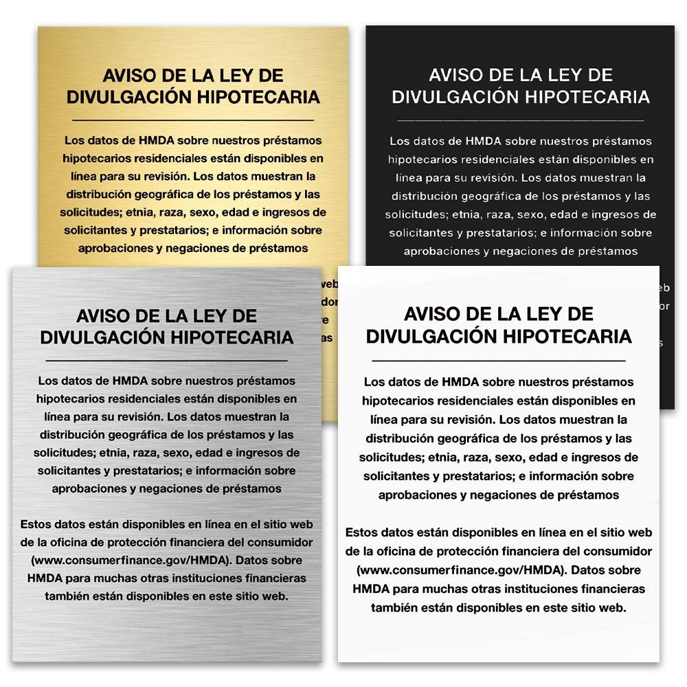 Main image - 2018 Home Mortgage Disclosure (Spanish) 11W x 14H - -	All color options shown - gold with black text, black with white text, silver with black text, and white with black text