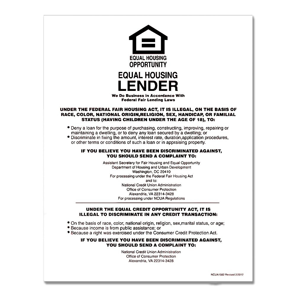 White Equal Housing Lender Wall Sign (NCUA) 11W x 14H