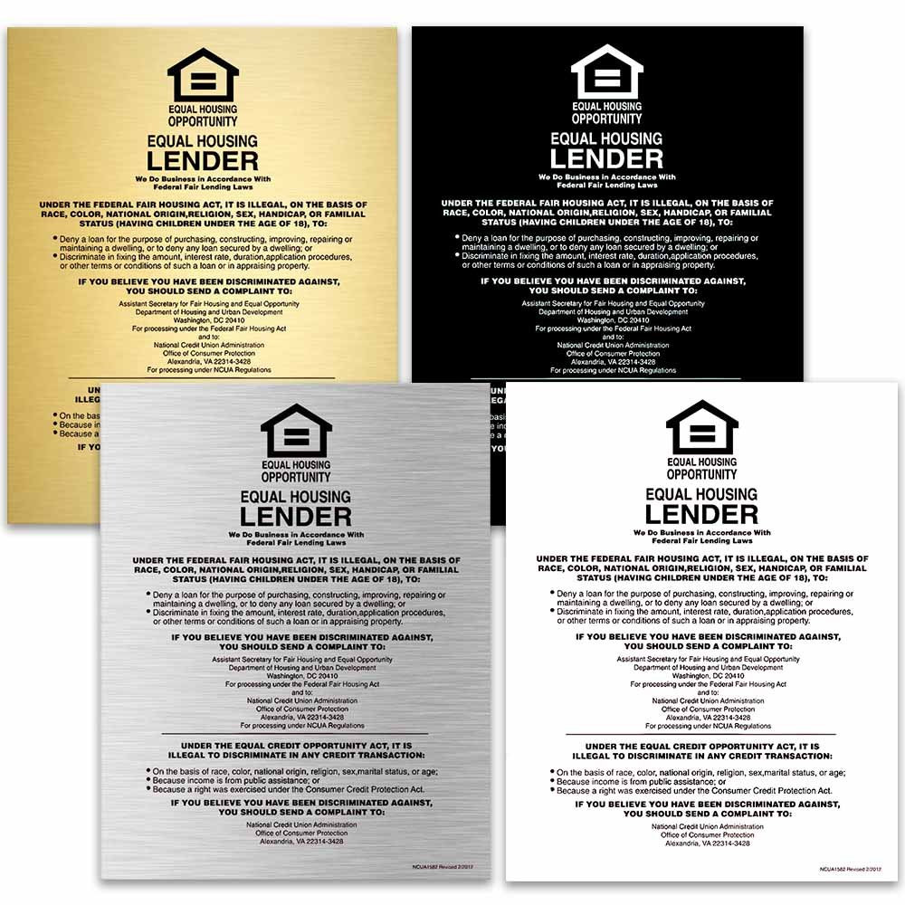 Main image - Equal Housing Lender Wall Sign (NCUA) 11W x 14H - -	All color options shown - gold with black text, black with white text, silver with black text, and white with black text