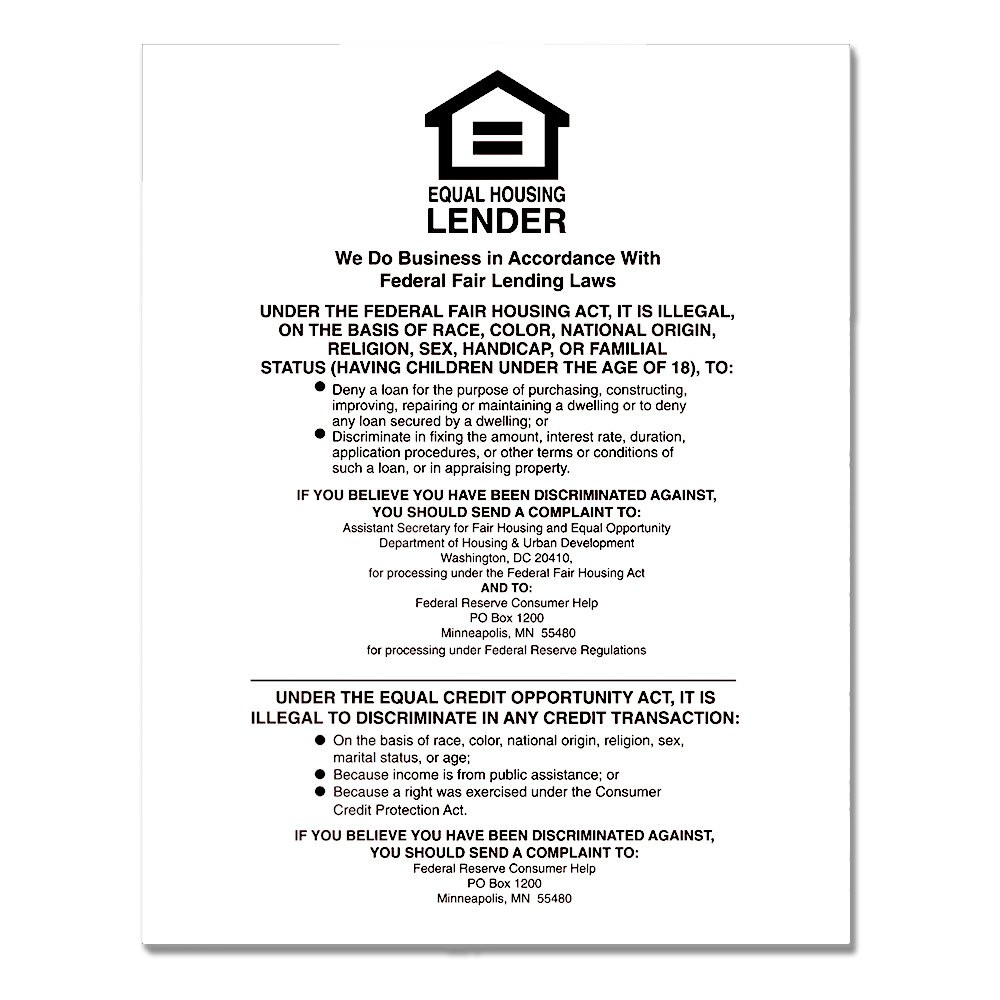 White Equal Housing Lender Wall Sign (Federal Reserve) 11W x 14H