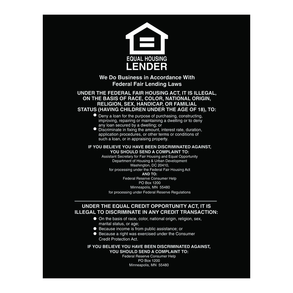 Equal Housing Lender Wall Sign (Federal Reserve) 11'W x 14"H - Matte Black