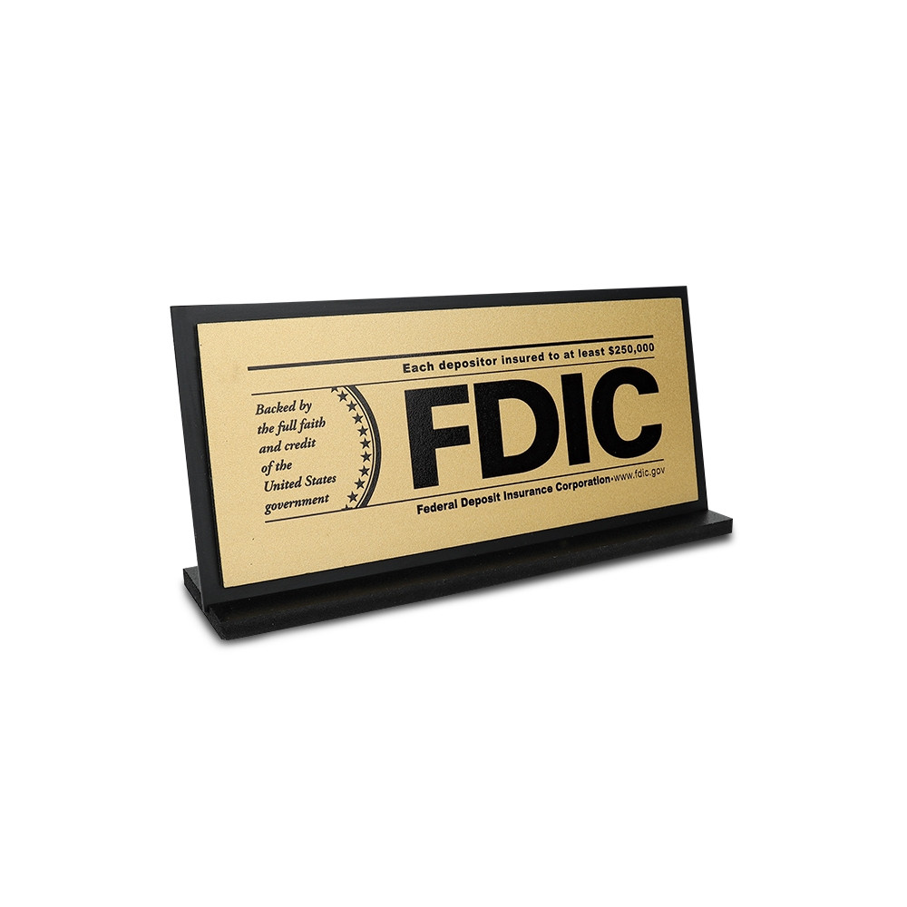 FDIC $250000 Counter Sign - Gold w/Black Text & frame/stand