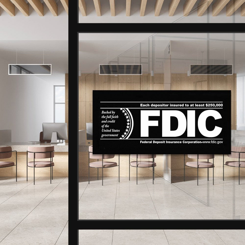 FDIC $250000 Inside Decal - Black w/ White Text  Shown Displayed On Interior Window