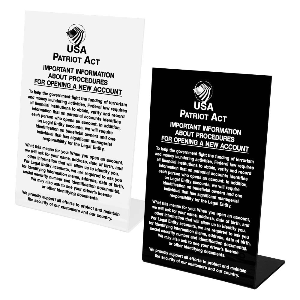 Patriot Act (Personal/ Business Account) 6W x 9H Easel Sign