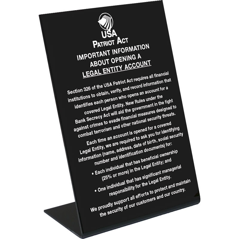 Patriot Act- Beneficial Owners Counter Sign - 6W x 9H