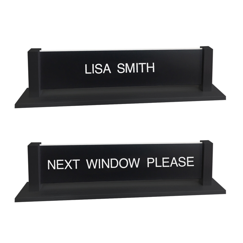 Double Sided Nameplate Set w/ Slide Post Frame - Next Window Please with Custom Name