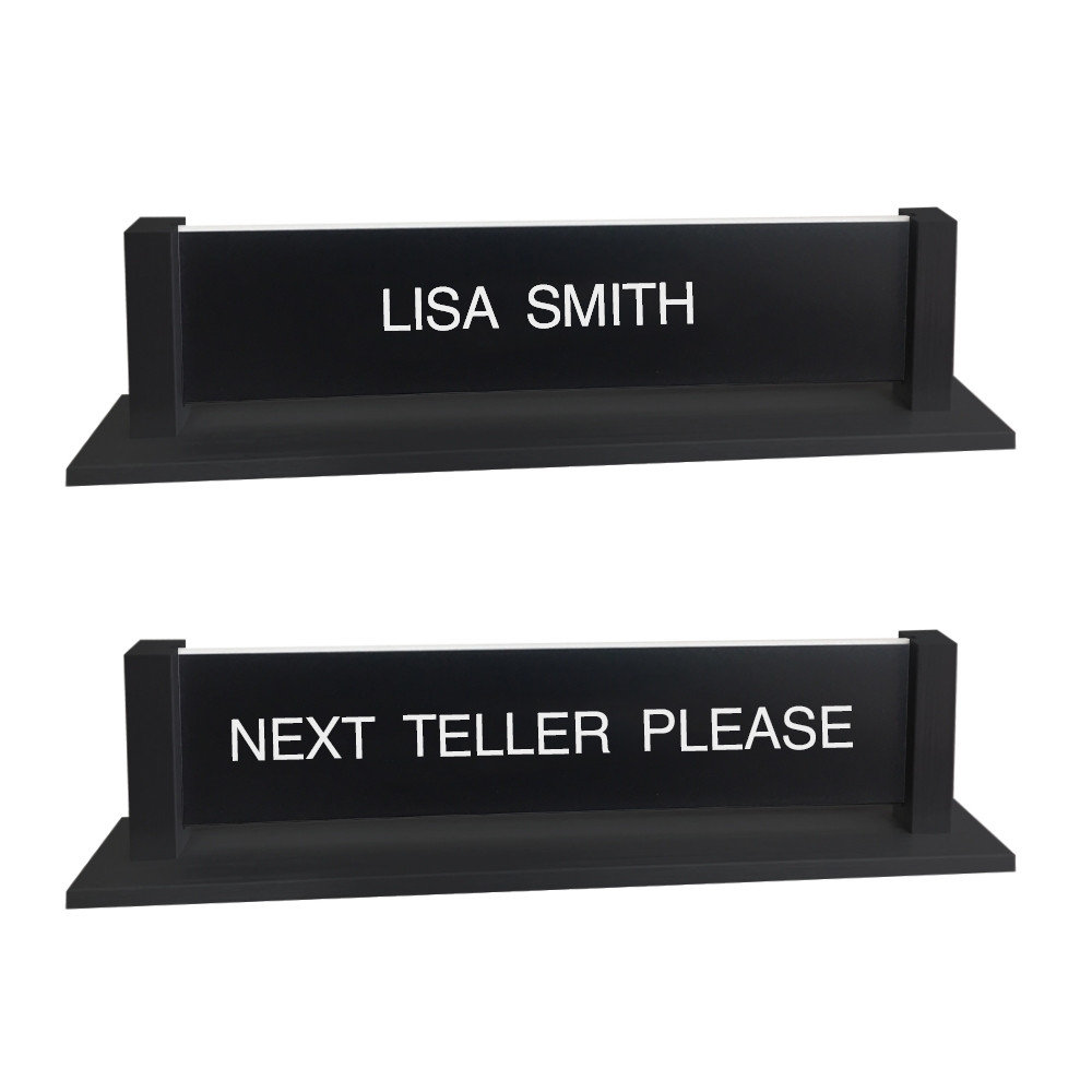 Double Sided Nameplate Set w/ Slide Post Frame - Next Teller Please with Custom Name
