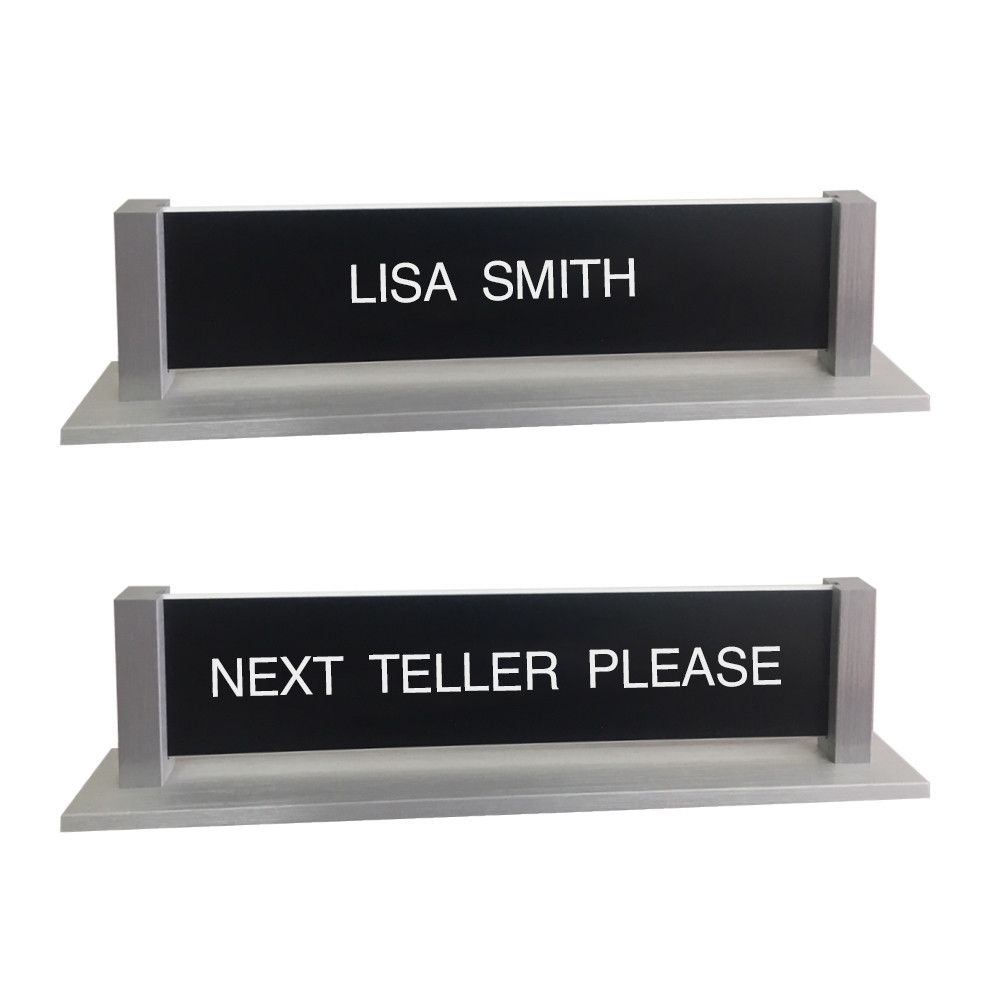 Double Sided Nameplate Set w/ Slide Post Frame - Silver Frame Next Teller Please