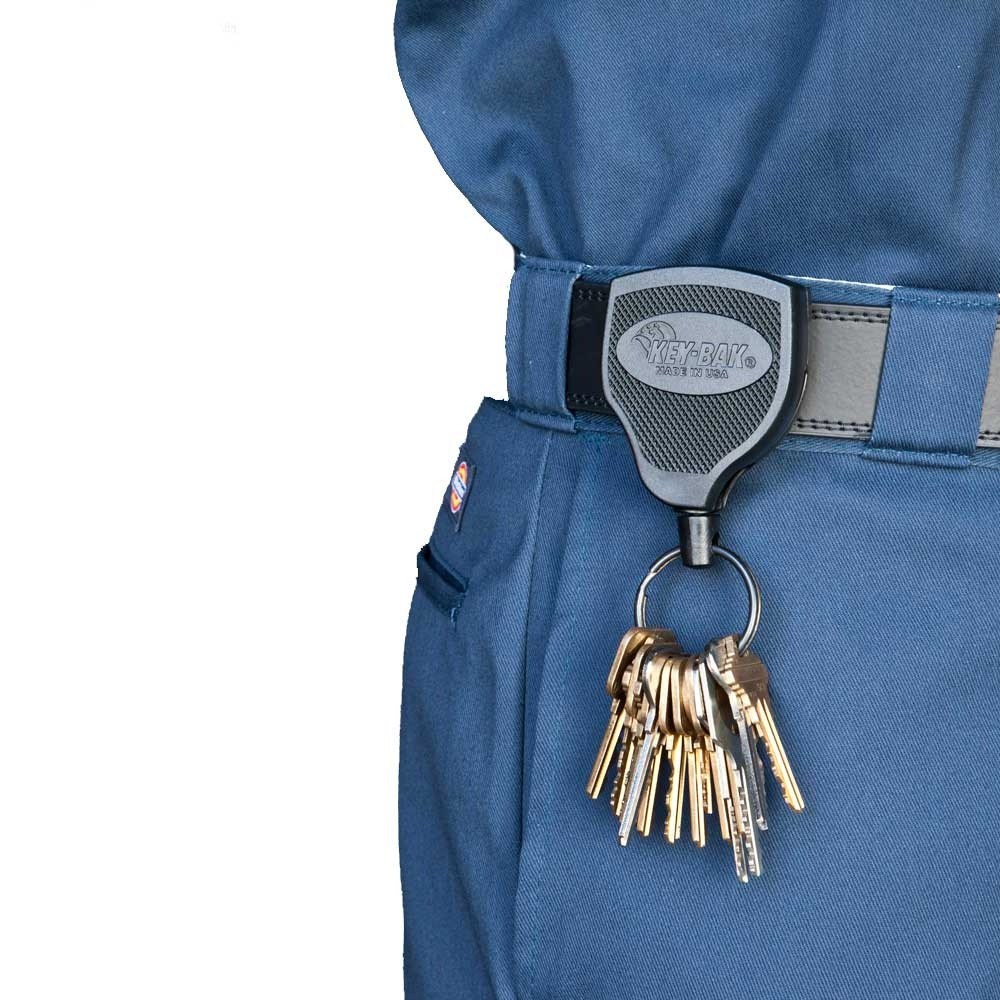 Black Heavy Duty Retractable Key Holder shown used on belt 