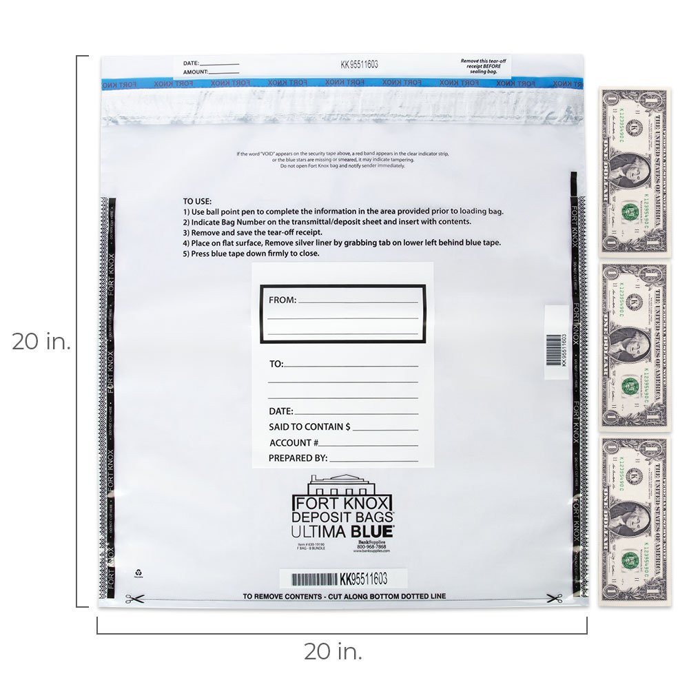 20W x 20H 8 Bundle Ultima Blue® Money Bags - F Bag Showing size with bills next bag