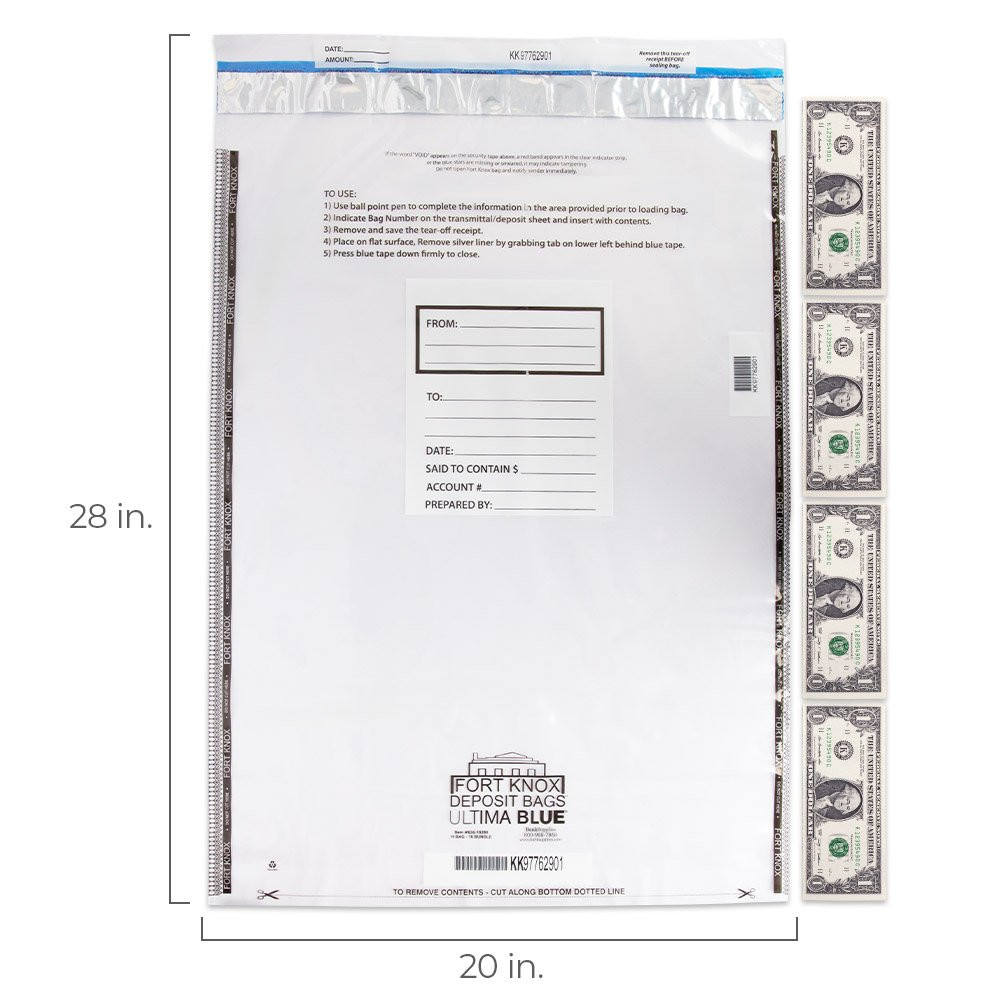 120W x 28H 6 Bundle Ultima Blue® Money Bags - H Bag Showing bills next to for size comparison 