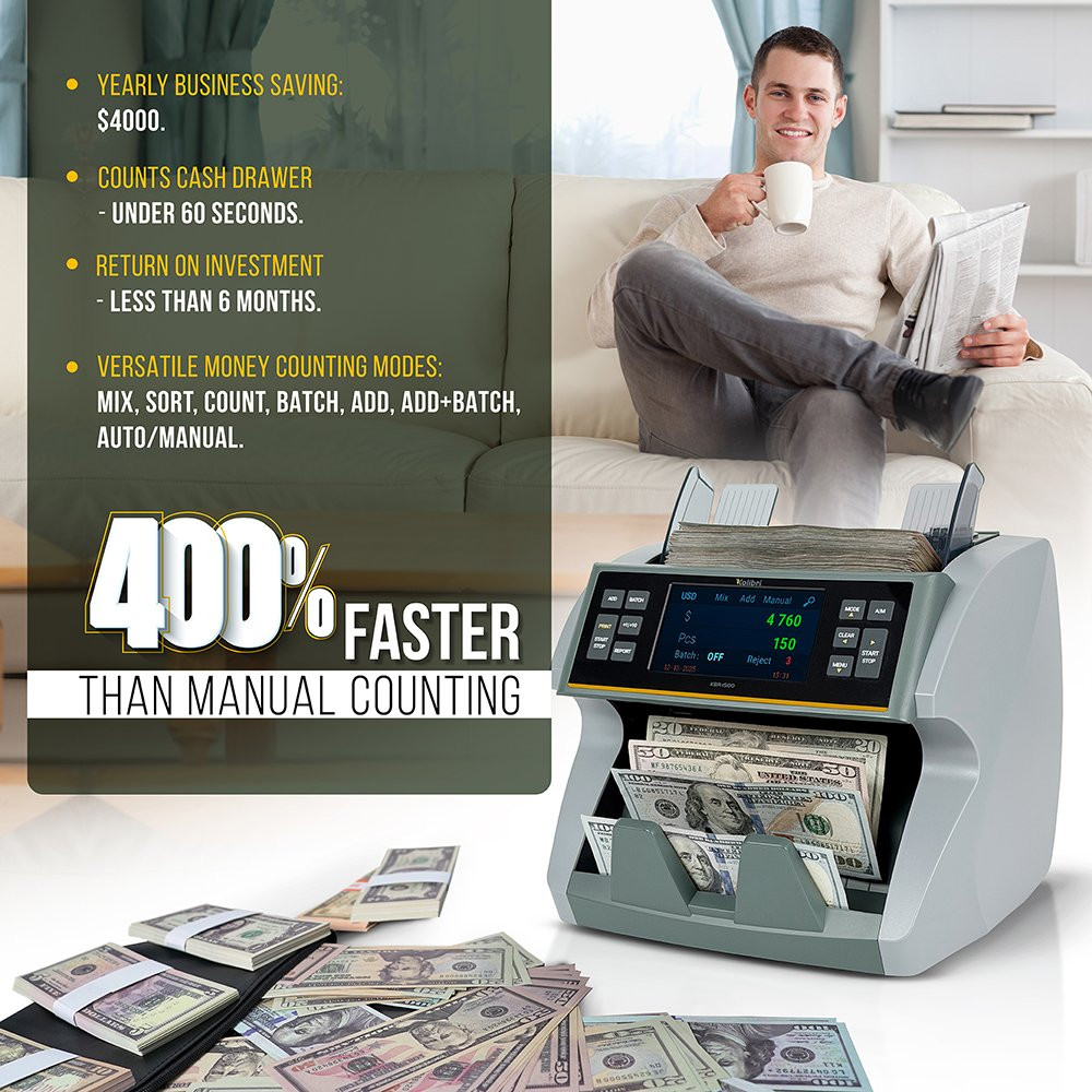 yearly buisiness saving: $4,000; counts cash drawer in under 60 seconds; return on investment less than 6 months; versitile money counting modes: mix, sort, count, batch, add, add=batch, auto/ manual; 400% faster than manual counting