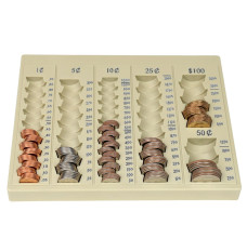 self-counting loose coin tray- gray with coins 