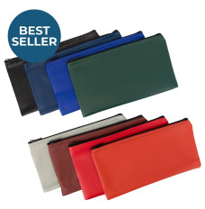 Vinyl Zipper Bags 11W x 6H - Ready to Ship showning reddish orange, burgundy, forest green, royal blue, navy blue, black, gray and red 