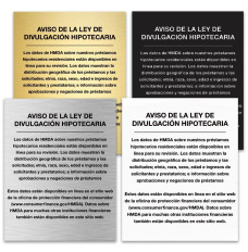 Main image - 2018 Home Mortgage Disclosure (Spanish) 11W x 14H - -	All color options shown - gold with black text, black with white text, silver with black text, and white with black text
