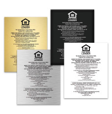 Main image - Equal Housing Lender Wall Sign (Federal Reserve) 11W x 14H - -	All color options shown - gold with black text, black with white text, silver with black text, and white with black text