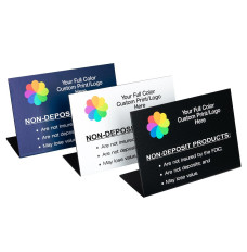 Full-Color Customizable Non-Deposit Products Bend Back Counter Sign - 8W x 5-1/2H - Shown with multiple background and font colors 
