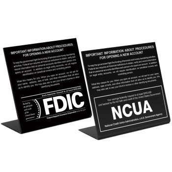(W x H): 7" x 6-1/2" Desktop Easel Patriot Act Sign with FDIC or NCUA Insignia